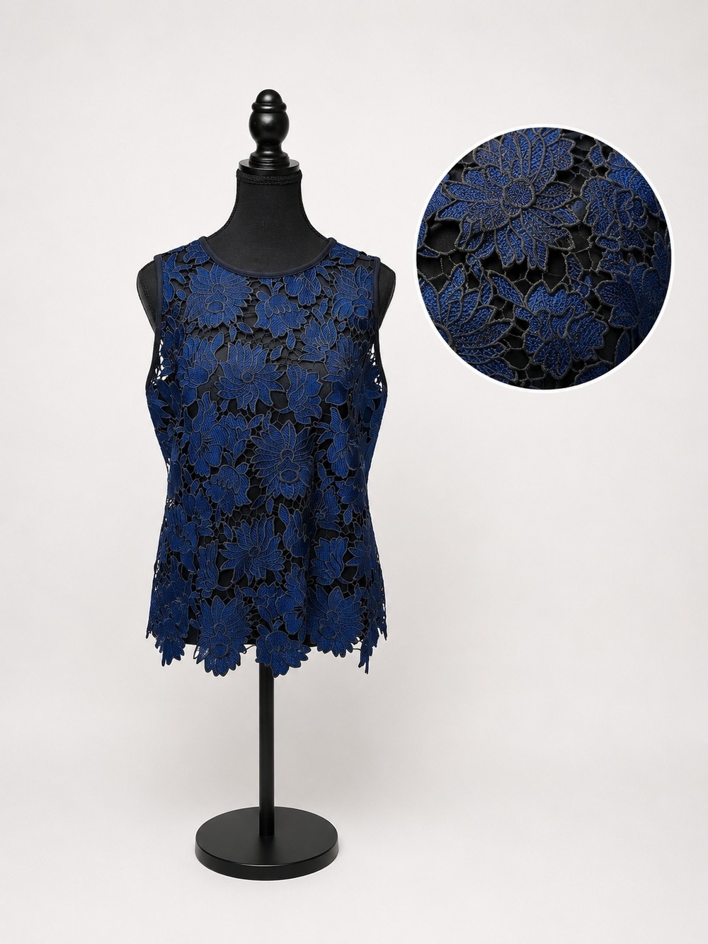 Navy Blue Floral Lace Sleeveless Top